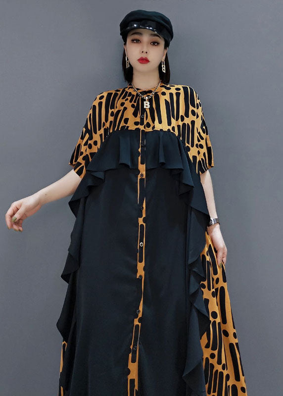 Yellow Button Ruffled Patchwork Chiffon Long Dress Spring