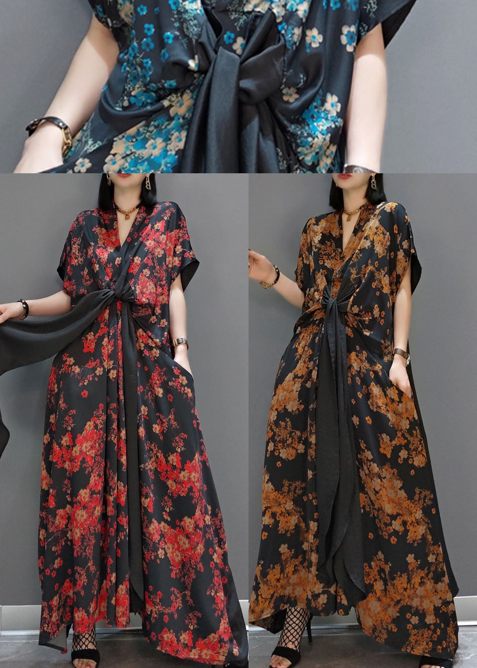 Yellow Tie Waist Print Silk Long Dress Spring