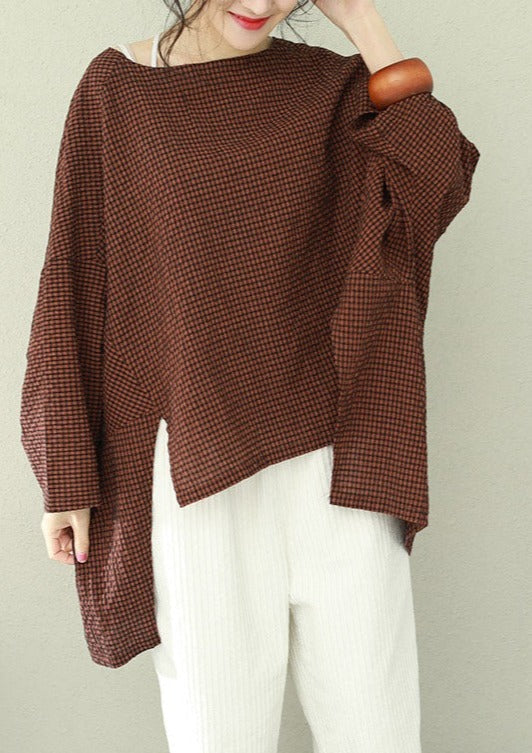 Asymmetric Cotton Fine Work Black Plaid Oversized Tops