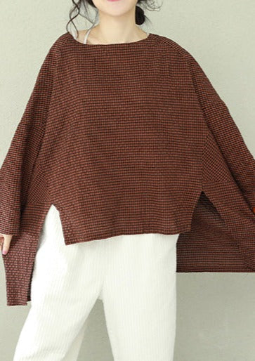 Asymmetric Cotton Fine Work Green Plaid Oversized Tops