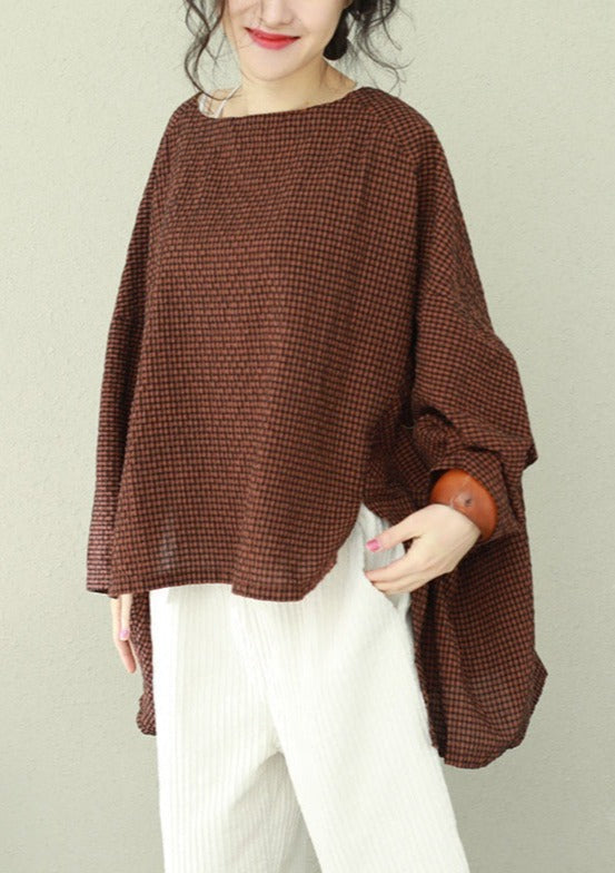 Asymmetric Cotton Fine Work Black Plaid Oversized Tops