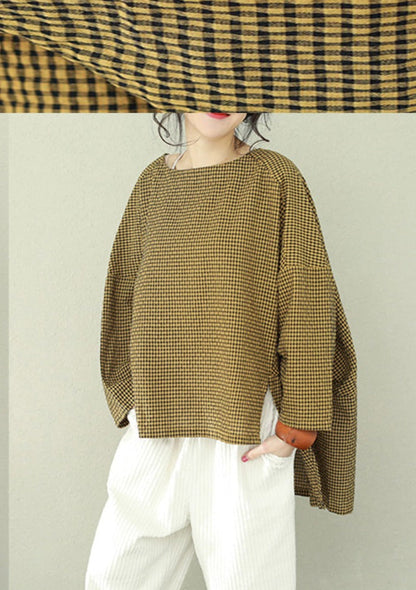 Bohemian asymmetric cotton women Fine Work green Plaid oversized tops
