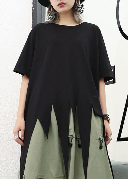 Asymmetric Hem Cotton Long Shirts Design Black O Neck Shirts Summer