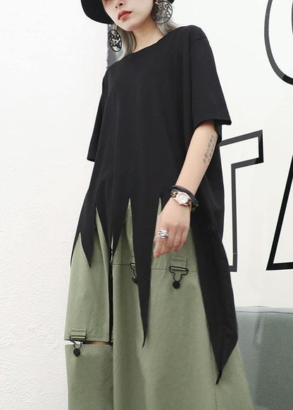 Asymmetric Hem Cotton Long Shirts Design Black O Neck Shirts Summer