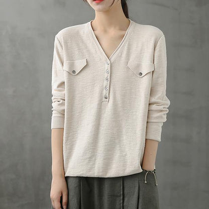 Beige Blouse V Neck Button Down Clothing Top