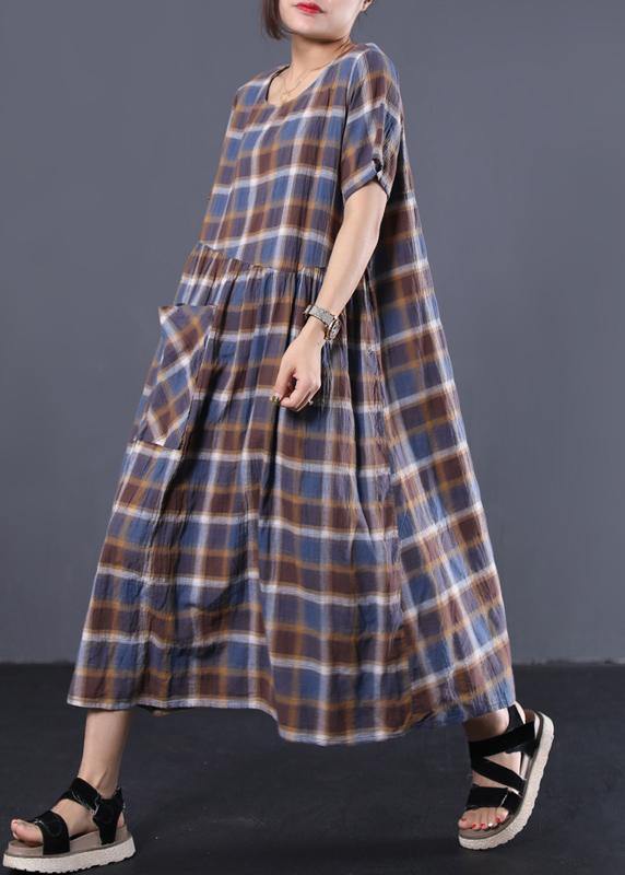 Big Hem Cotton Tunic Dress Catwalk Blue Plaid Long Dresses Summer