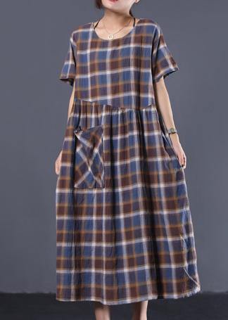 Big Hem Cotton Tunic Dress Catwalk Blue Plaid Long Dresses Summer