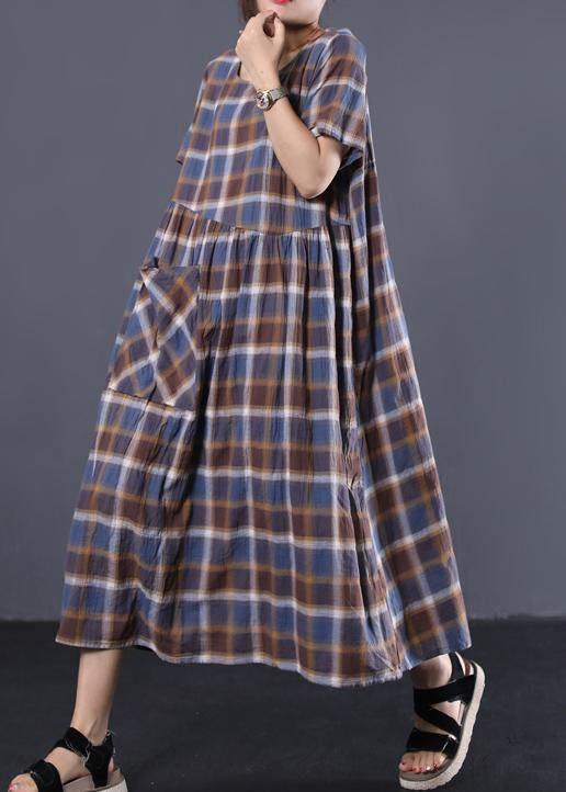 Big Hem Cotton Tunic Dress Catwalk Blue Plaid Long Dresses Summer