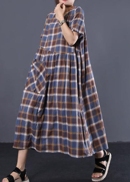 Big Hem Cotton Tunic Dress Catwalk Blue Plaid Long Dresses Summer