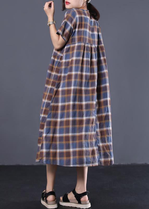 Big Hem Cotton Tunic Dress Catwalk Blue Plaid Long Dresses Summer