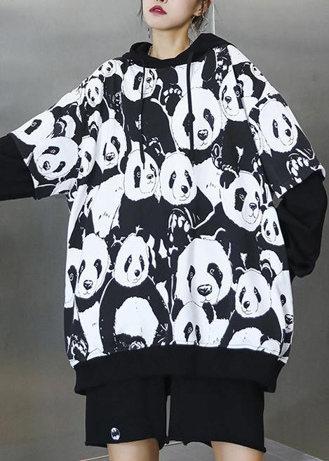 Black Panda Printing Tunic Pattern Hooded Daily Tops
