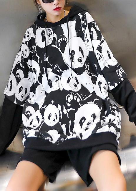 Black Panda Printing Tunic Pattern Hooded Daily Tops