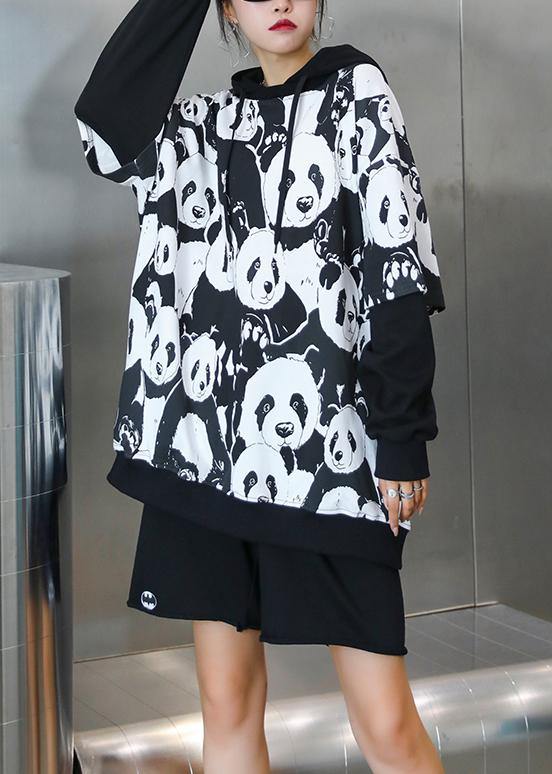 Black Panda Printing Tunic Pattern Hooded Daily Tops