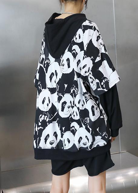 Black Panda Printing Tunic Pattern Hooded Daily Tops