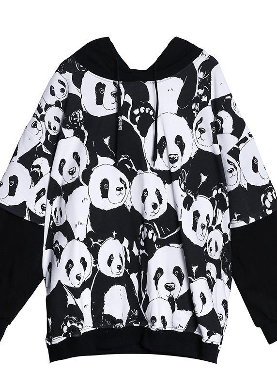 Black Panda Printing Tunic Pattern Hooded Daily Tops
