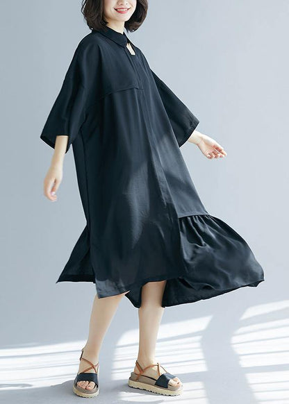 Black Clothes Lapel Asymmetric Cotton Summer Dress