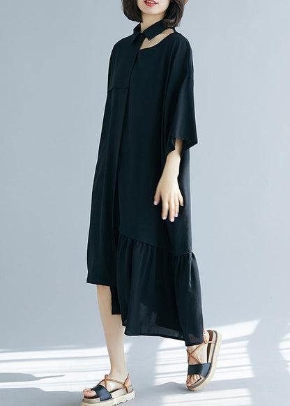 Black Clothes Lapel Asymmetric Cotton Summer Dress