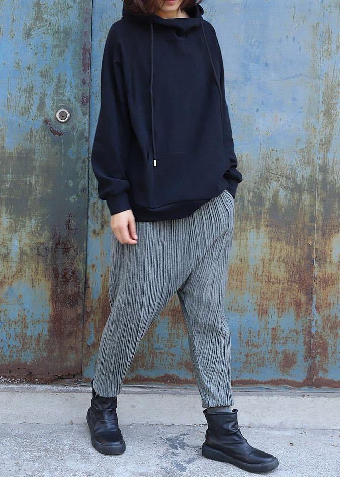 Black Cotton Blouse Loose Drawstring Hooded Sweatshirt