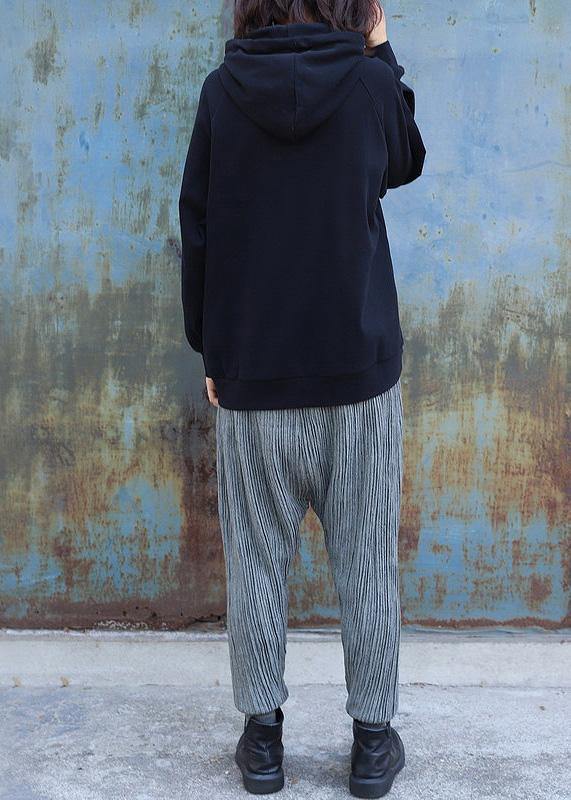 Black Cotton Blouse Loose Drawstring Hooded Sweatshirt