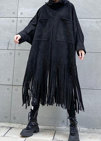 Black Cotton Tunics Tassel Half High Neck Dress