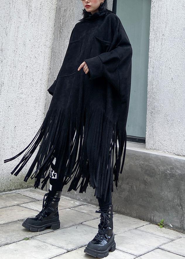 Black Cotton Tunics Tassel Half High Neck Dress