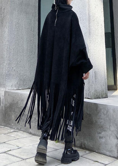 Black Cotton Tunics Tassel Half High Neck Dress