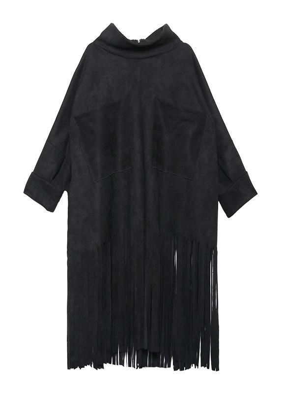 Black Cotton Tunics Tassel Half High Neck Dress