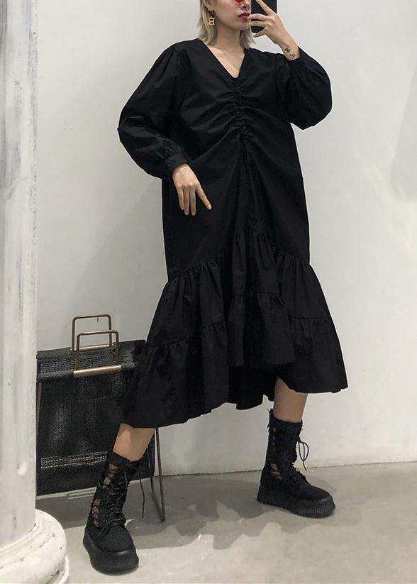 Black Cotton Clothes for Ruffles Cinched V Neck Dress