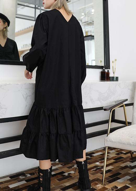 Black Cotton Clothes for Ruffles Cinched V Neck Dress