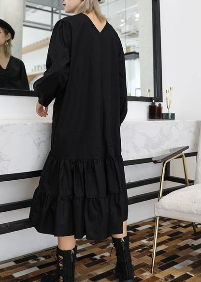 Black Cotton Clothes for Ruffles Cinched V Neck Dress