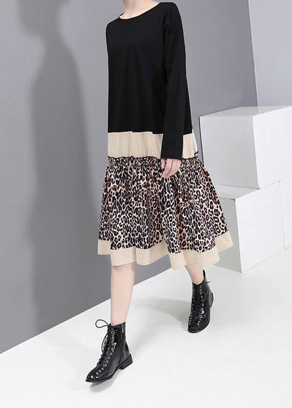 Black Cotton Tunic Pattern O Neck Long Patchwork Dresses