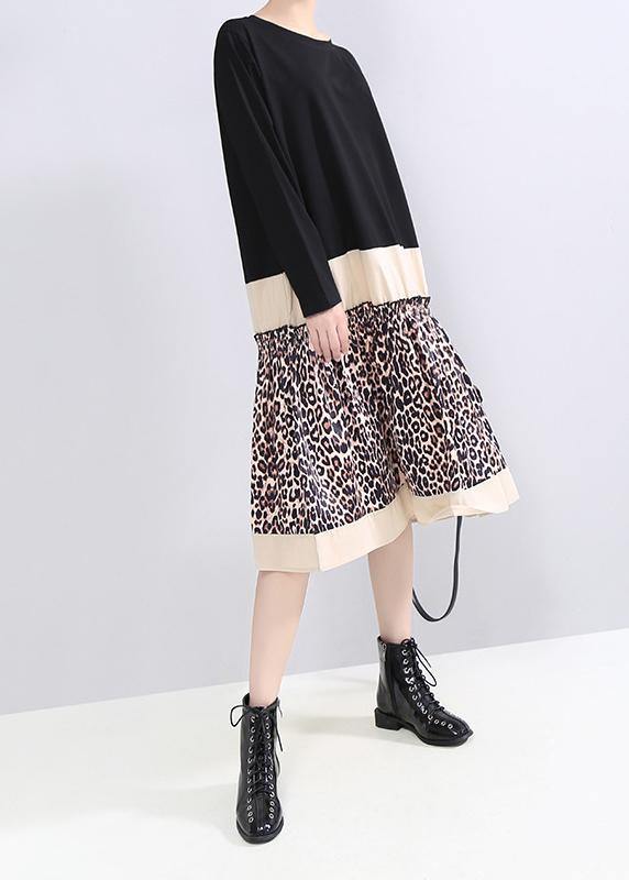 Black Cotton Tunic Pattern O Neck Long Patchwork Dresses
