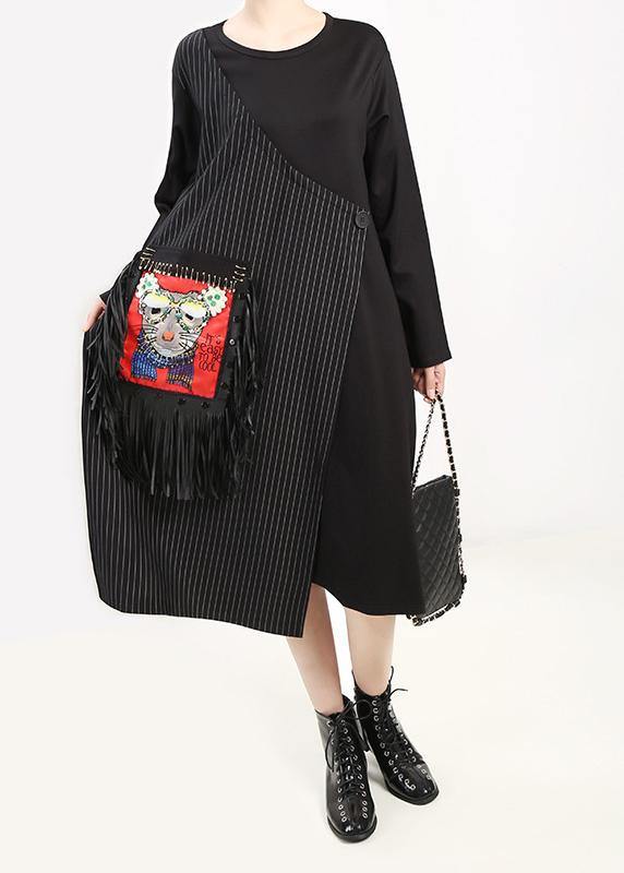 Black Cotton Tunic Top Asymmetric Cotton Prints Tassel Dress
