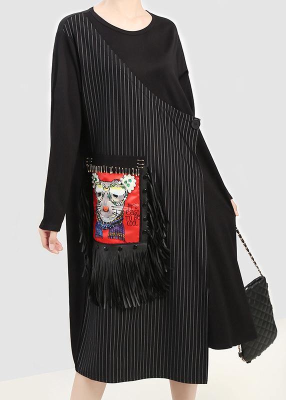 Black Cotton Tunic Top Asymmetric Cotton Prints Tassel Dress