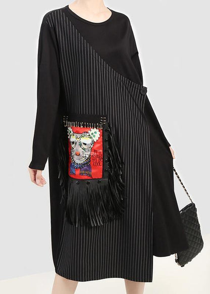 Black Cotton Tunic Top Asymmetric Cotton Prints Tassel Dress