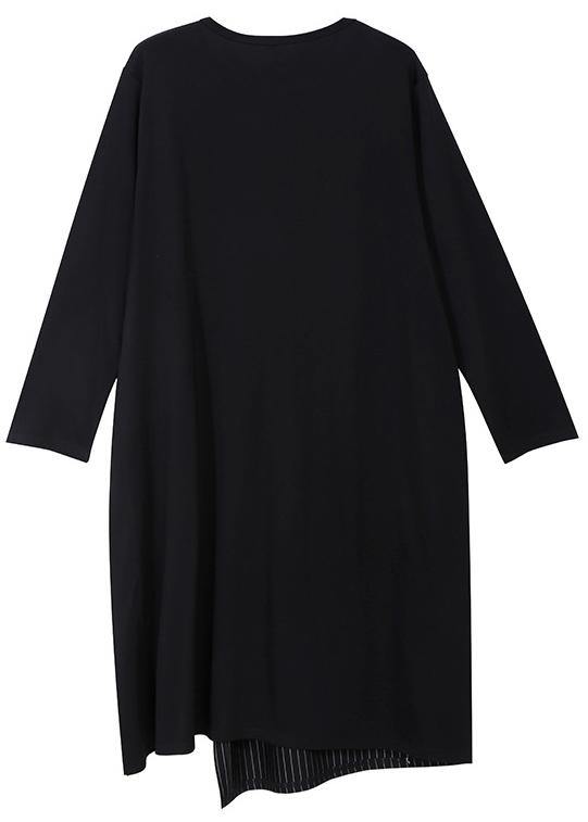 Black Cotton Tunic Top Asymmetric Cotton Prints Tassel Dress