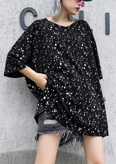 Black Dotted Cotton Tunic Top V Neck Side Open Clothing Summer Tops