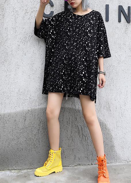 Black Dotted Cotton Tunic Top V Neck Side Open Clothing Summer Tops