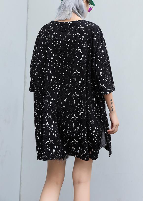 Black Dotted Cotton Tunic Top V Neck Side Open Clothing Summer Tops