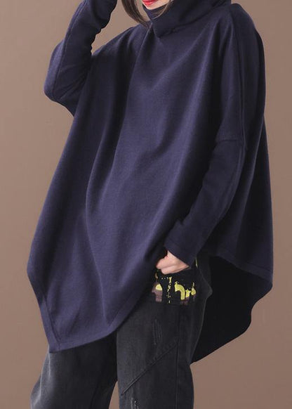 Black Fall Cotton Shirts Asymmetric Hem Baggy High Neck Top