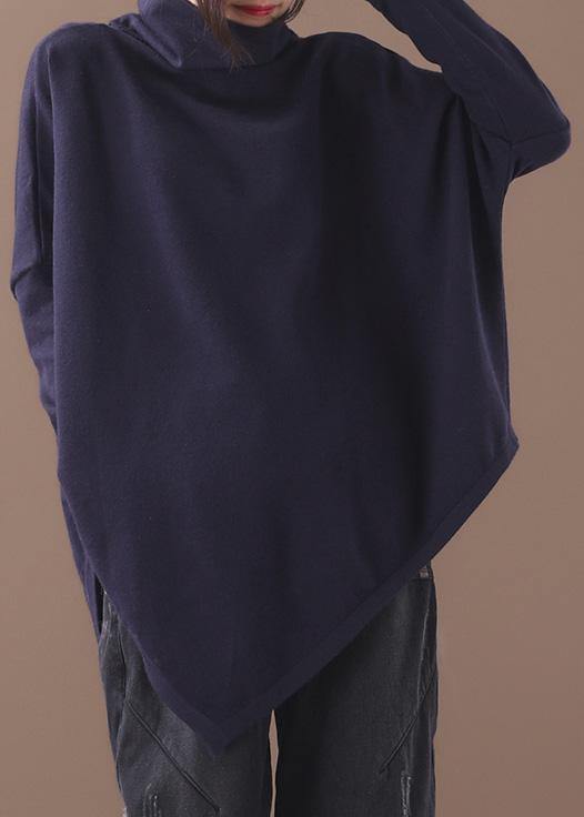 Black Fall Cotton Shirts Asymmetric Hem Baggy High Neck Top