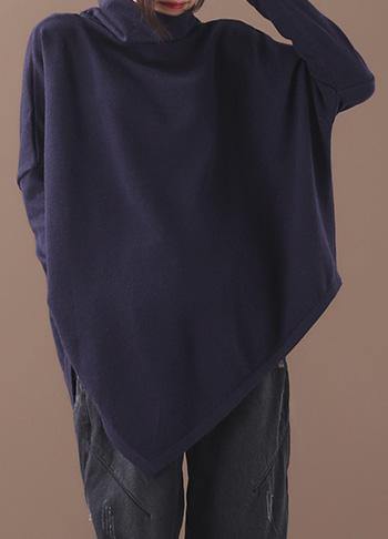 Black Fall Cotton Shirts Asymmetric Hem Baggy High Neck Top