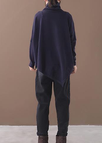 Black Fall Cotton Shirts Asymmetric Hem Baggy High Neck Top