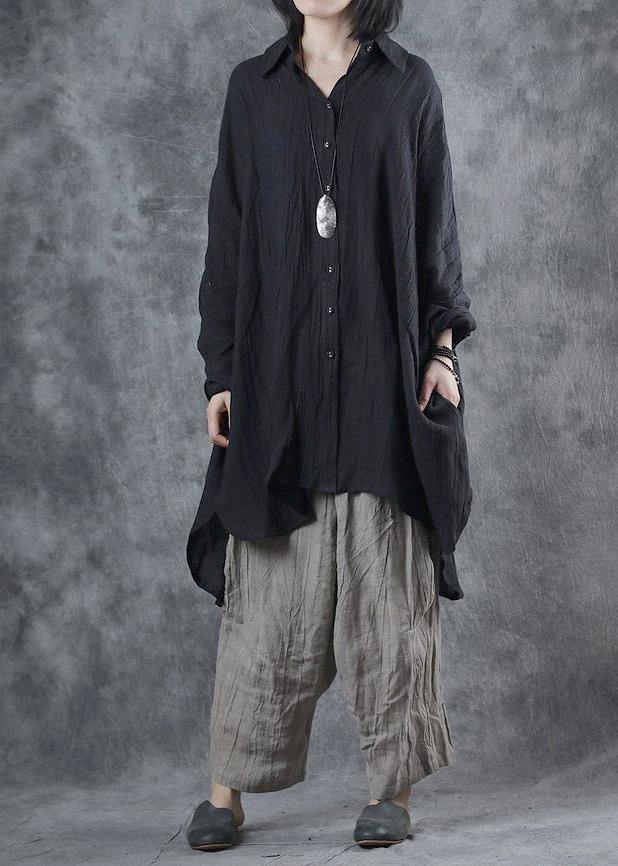 Black Linen Crane Tops Lapel Batwing Sleeve Tunic Fall Tops