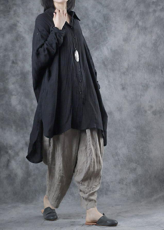 Black Linen Crane Tops Lapel Batwing Sleeve Tunic Fall Tops