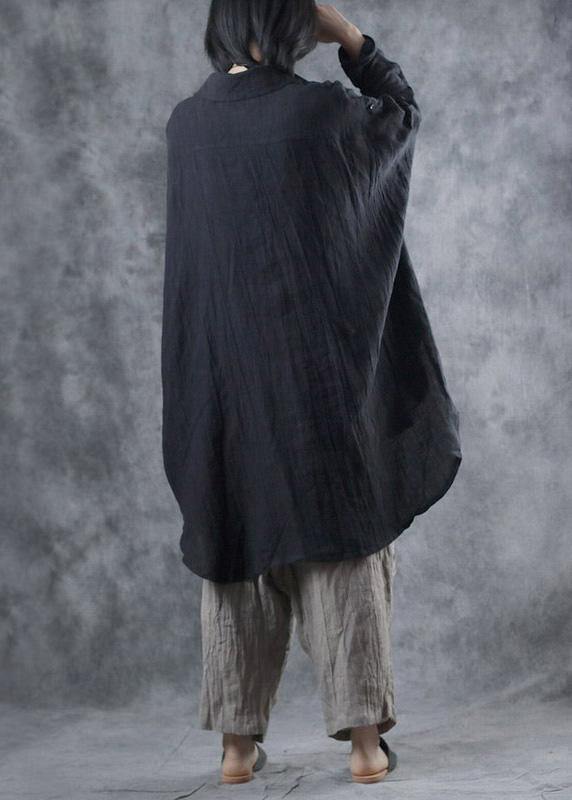 Black Linen Crane Tops Lapel Batwing Sleeve Tunic Fall Tops