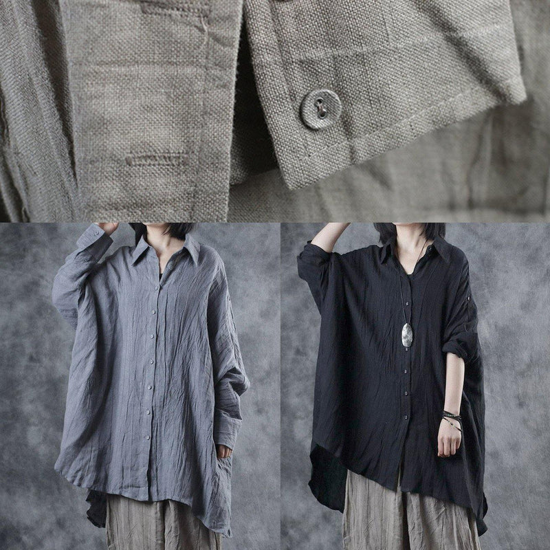 Black Linen Crane Tops Lapel Batwing Sleeve Tunic Fall Tops