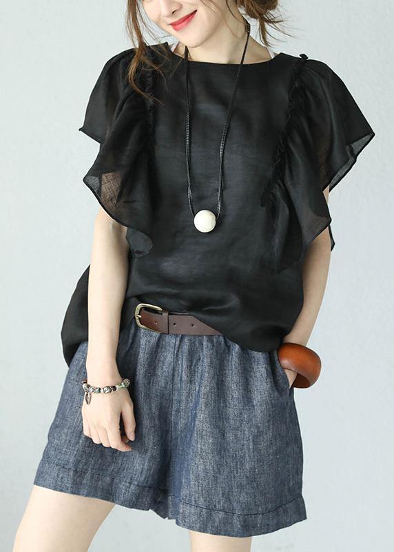 Black Linen Tops O Neck Ruffles Sleeve Blouses