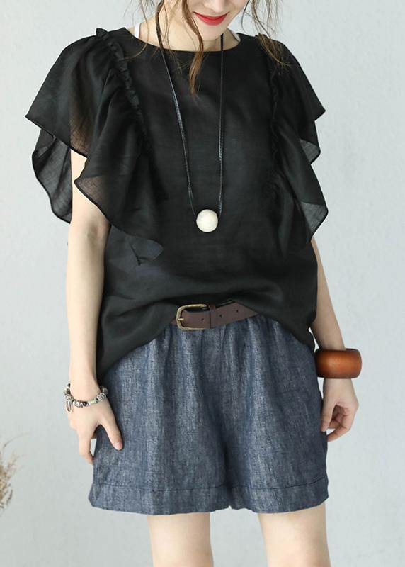 Black Linen Tops O Neck Ruffles Sleeve Blouses