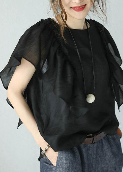 Black Linen Tops O Neck Ruffles Sleeve Blouses